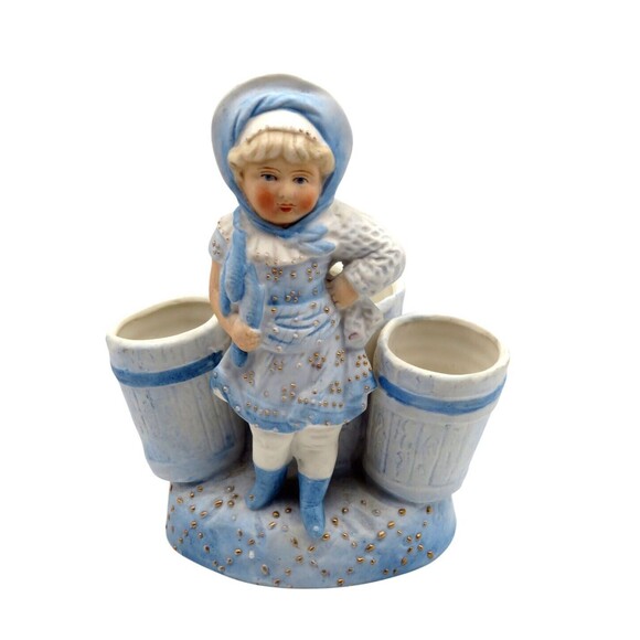Vintage Bisque Porcelain Victorian Little Girl Blue Figurine Planter - Picture 1 of 6